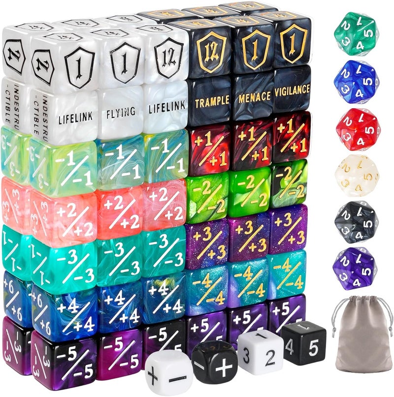 Ravonixis 100 PCS MTG Dice Set – Ability Keyword Counters, +1/-1 Life Counter Shield Shaped Dice, D20 Number Dice, Buff Tokens, with 2 Velvet Bags for Storage - Image 1